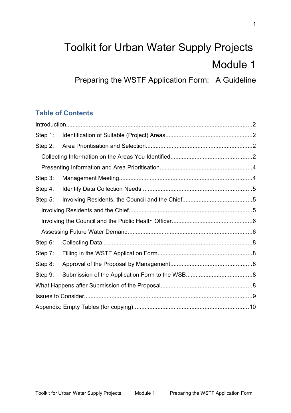 Toolkit for Urban Water Supply Projects