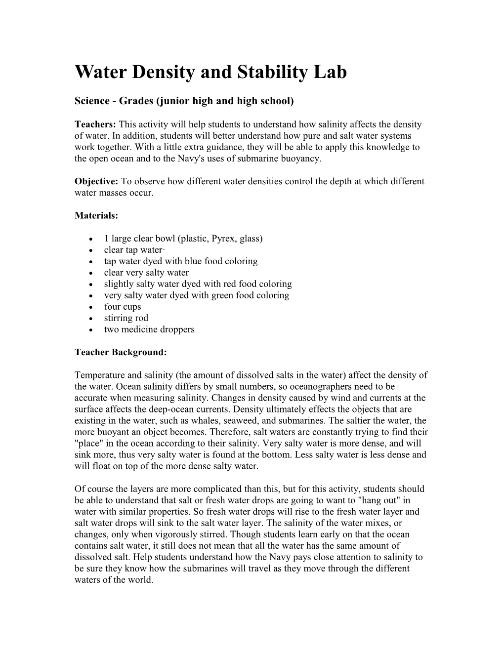 Water Density and Stability Lab