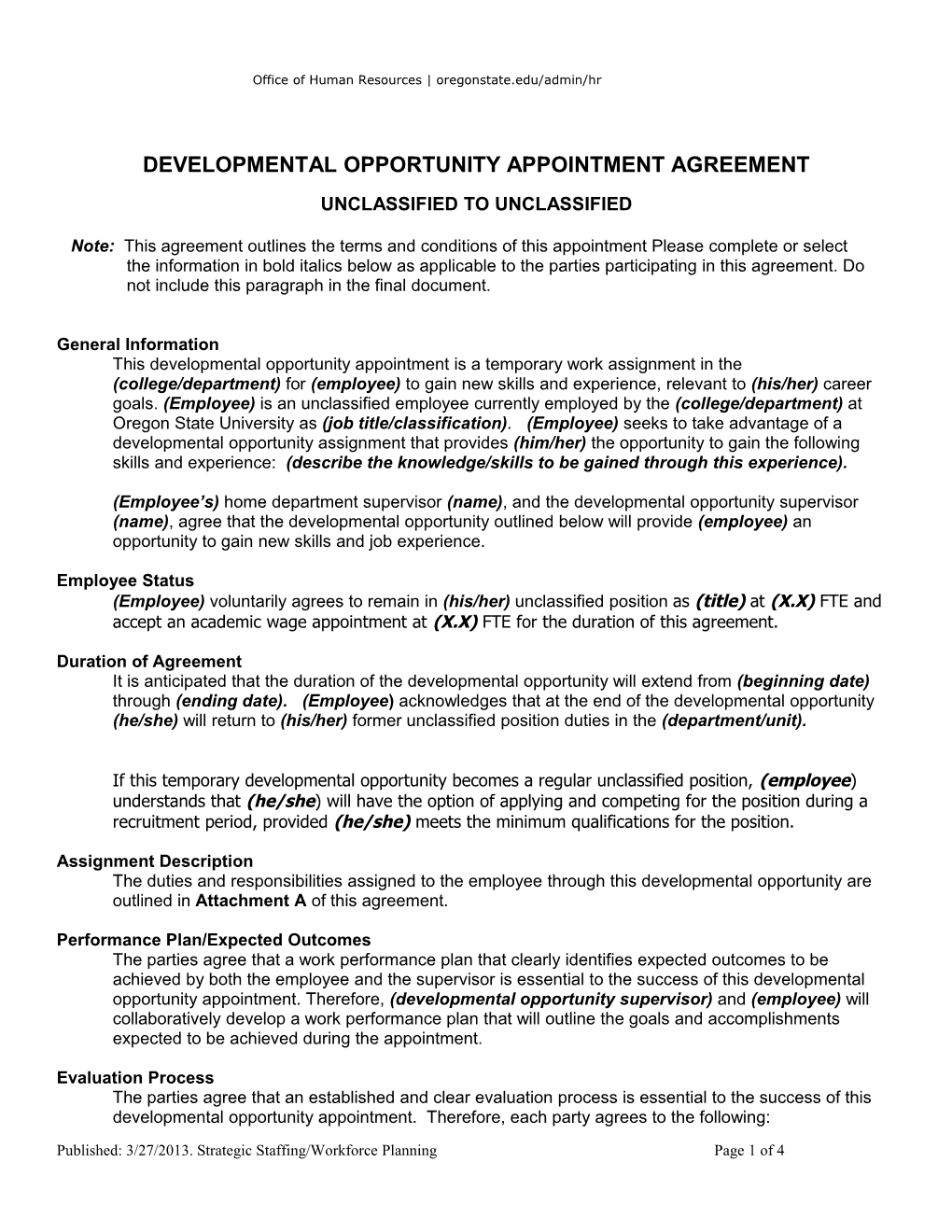 Development Opportunity Appointment Agreement for Unclassified to Unclassified Position