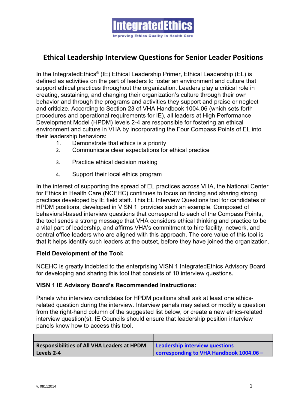 Ethical Leadership Interview Questions for Senior Leader Positions