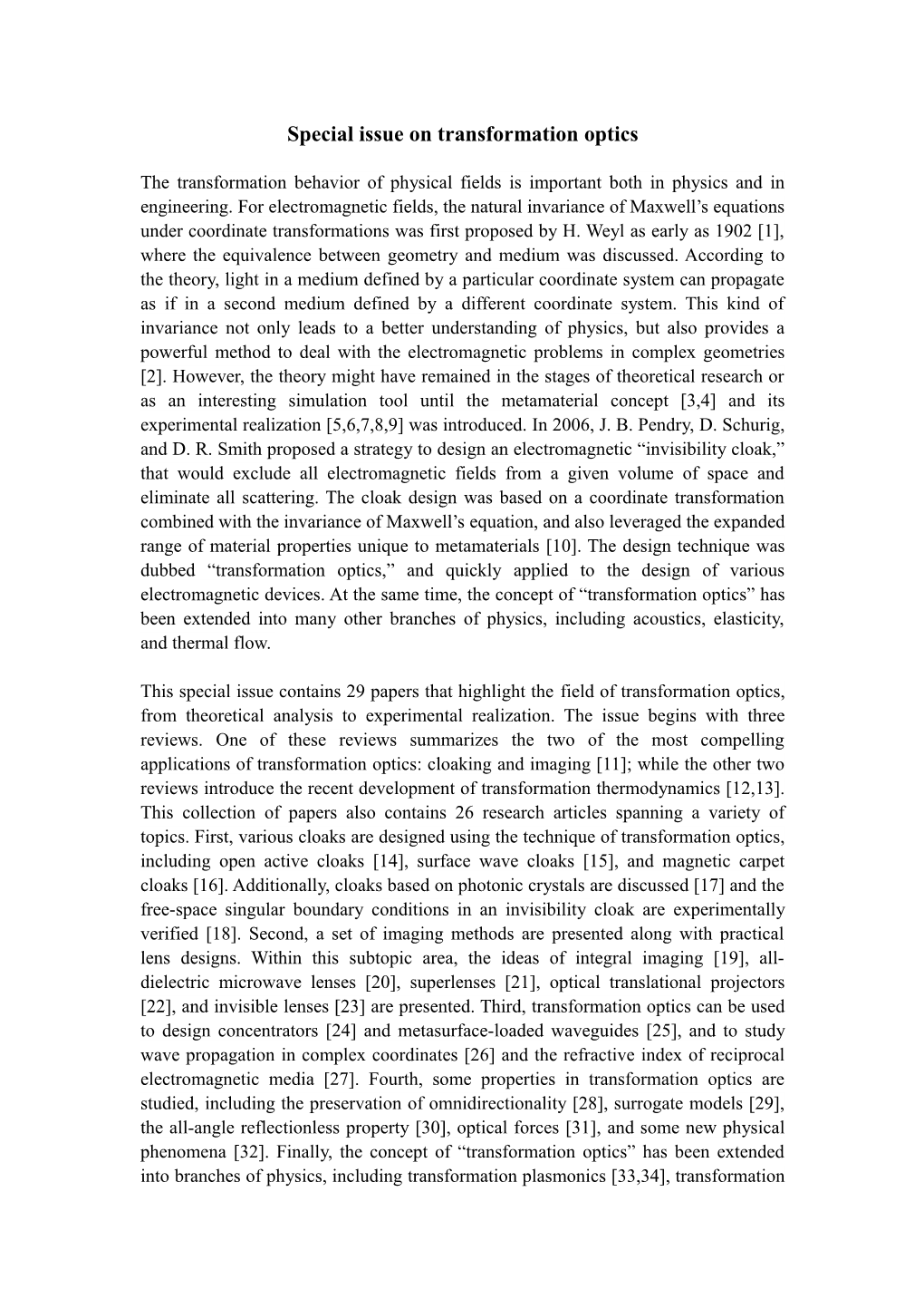 Special Issue on Transformation Optics