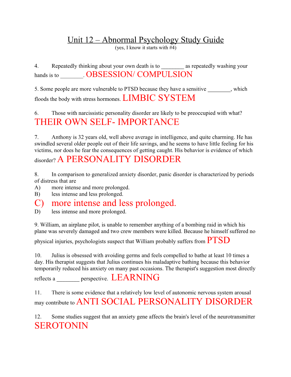 Unit 12 Abnormal Psychology Study Guide