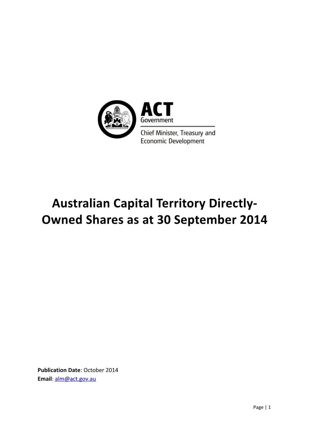 Australian Capital Territory Directly-Owned Shares As at 30 September 2014