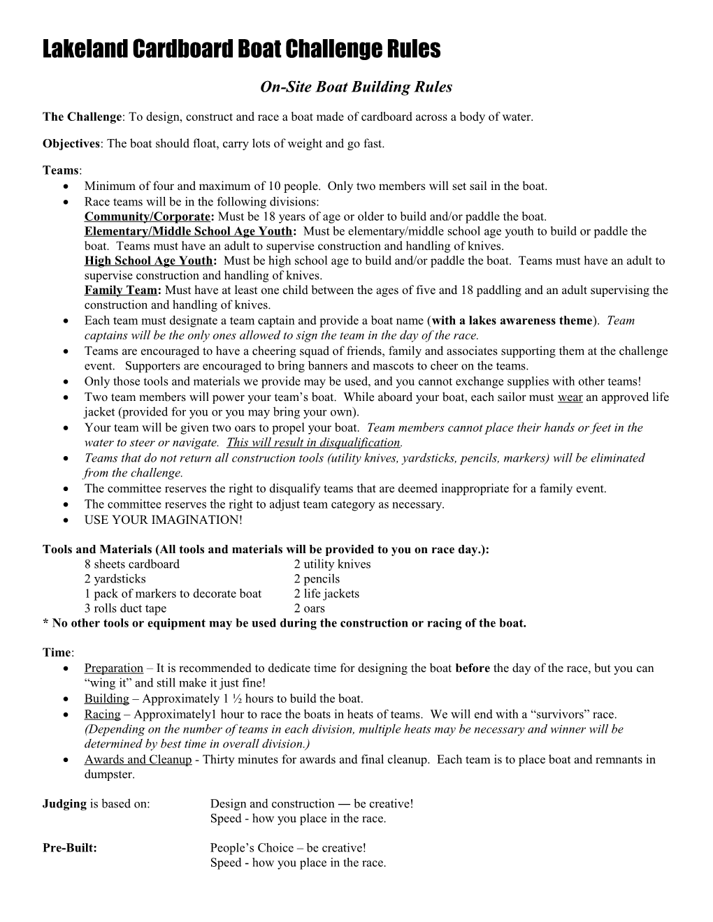 Lakeland Cardboard Boat Challenge Rules