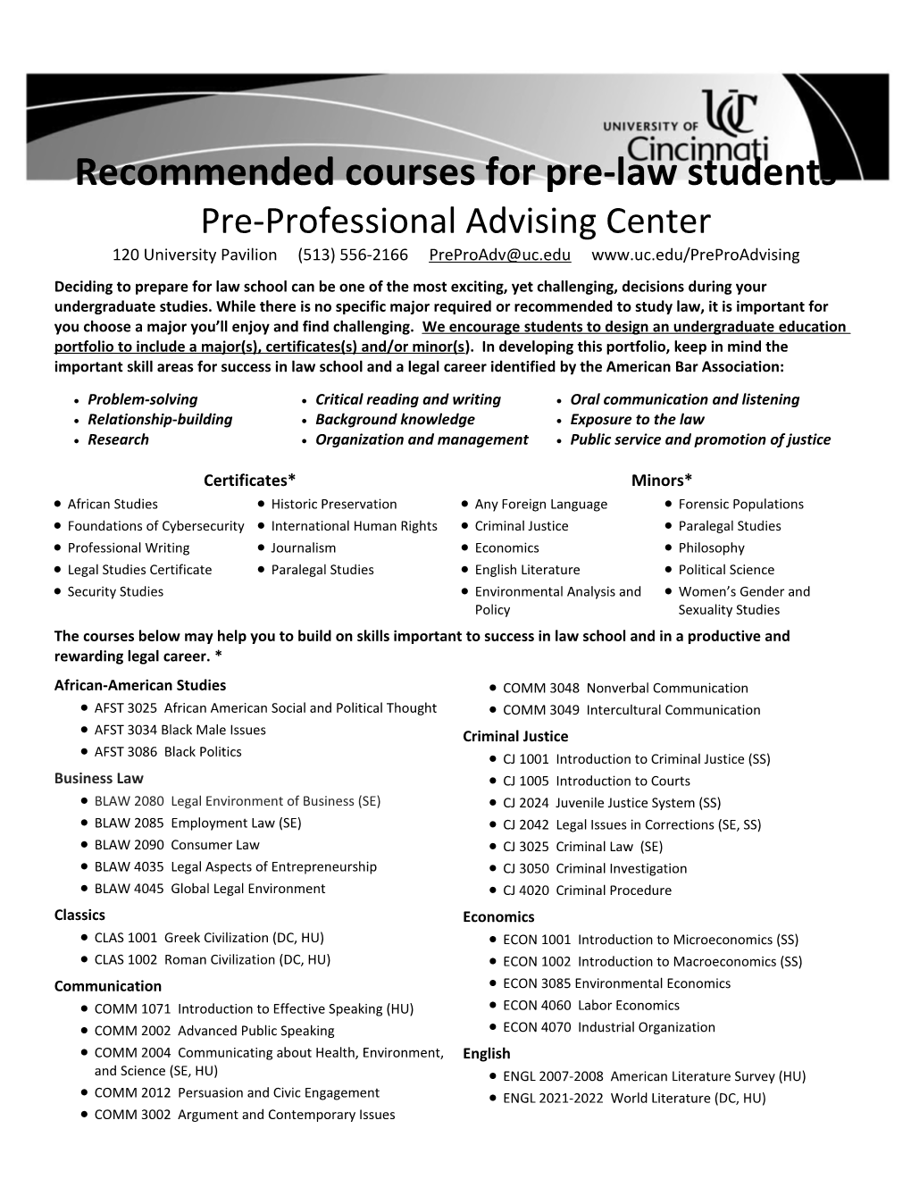 Recommended Courses for Pre-Law Students