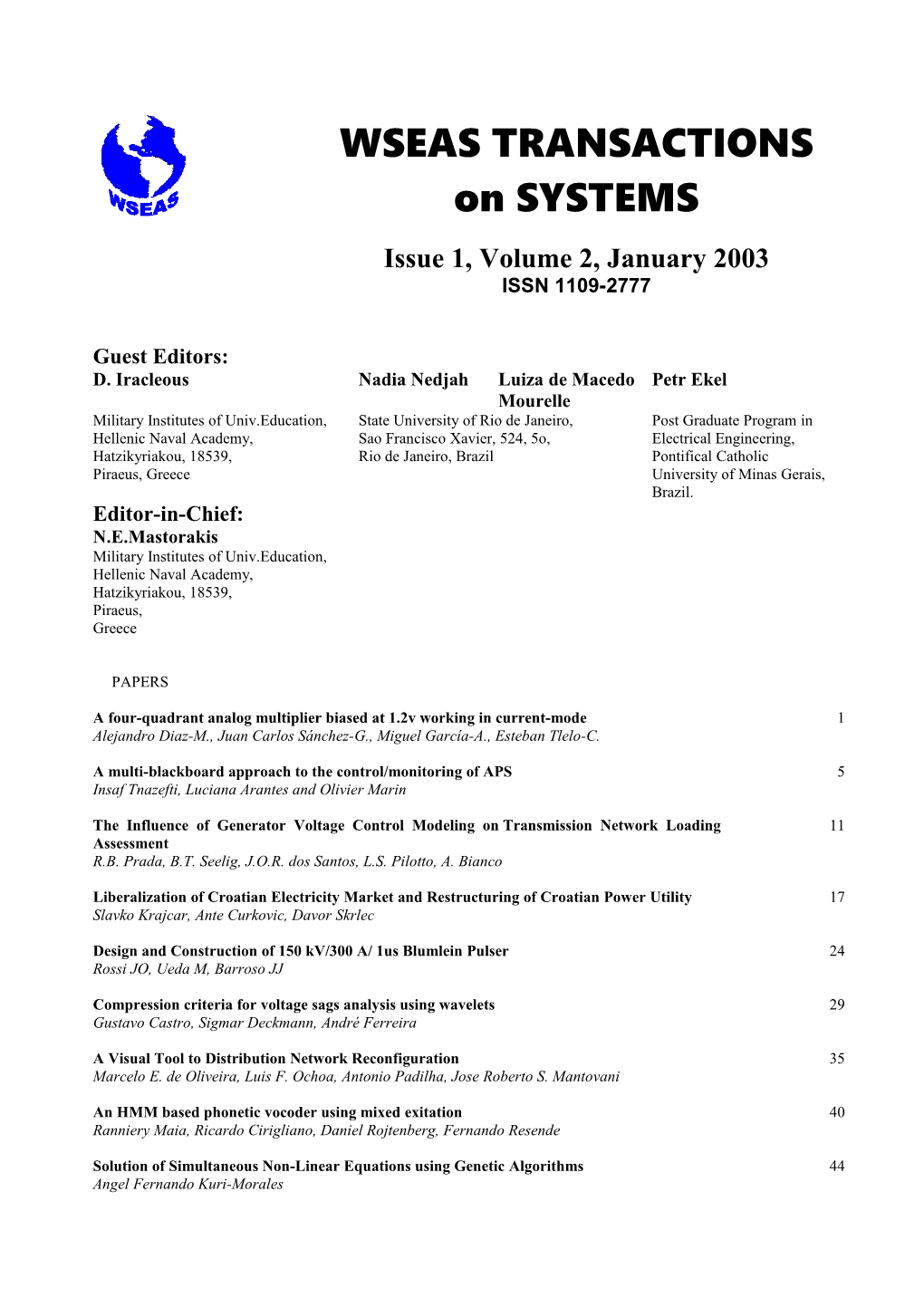 WSEAS Trans. on SYSTEMS, January 2003