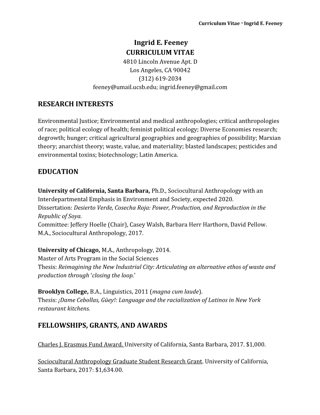 Curriculum Vitae Ingrid E. Feeney