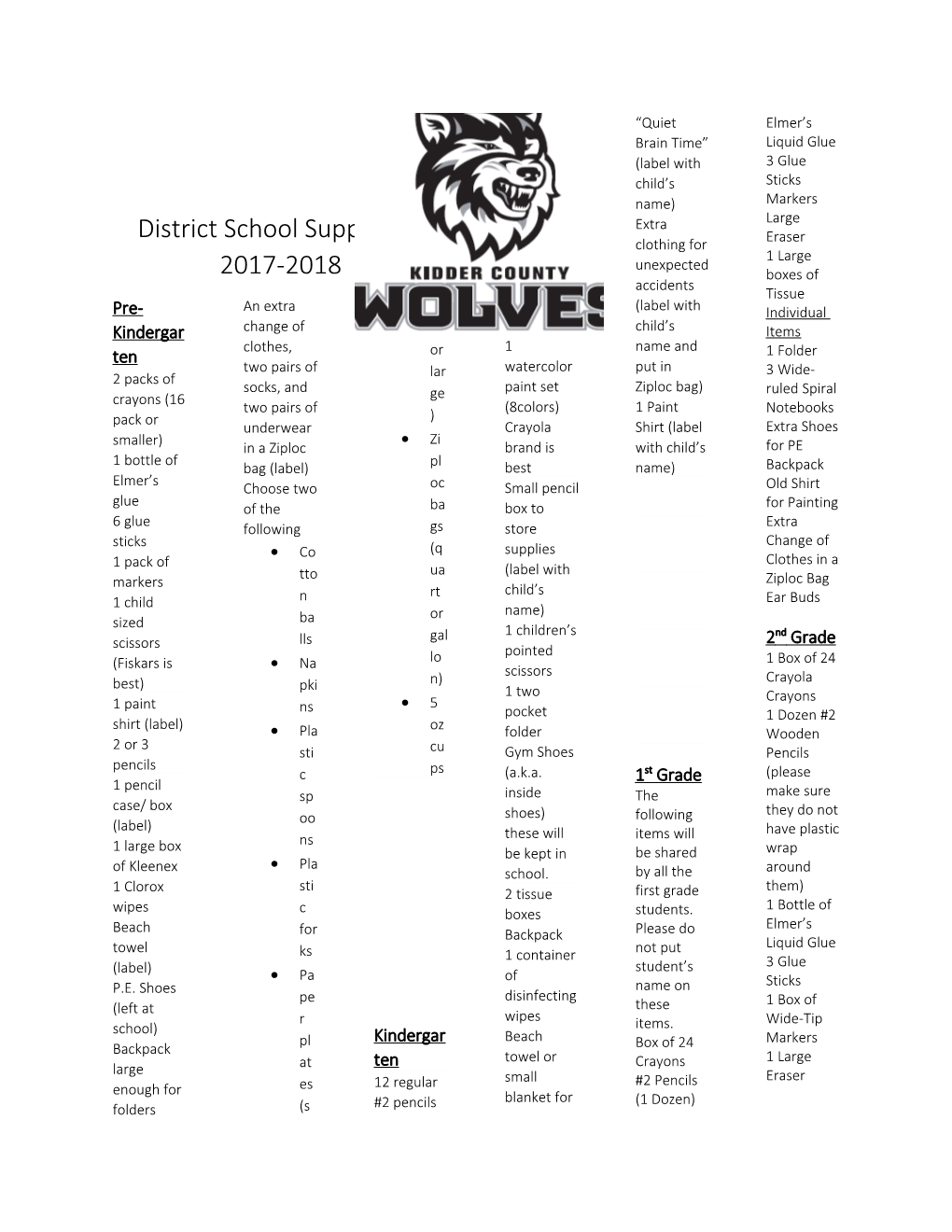 District School Supply List 2017-2018