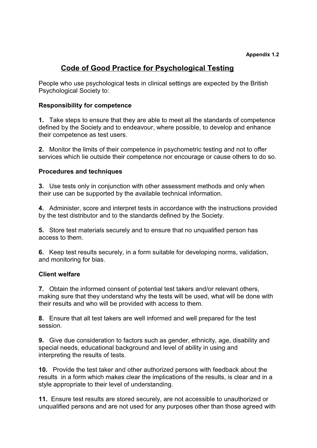 Code of Good Practice for Psychological Testing