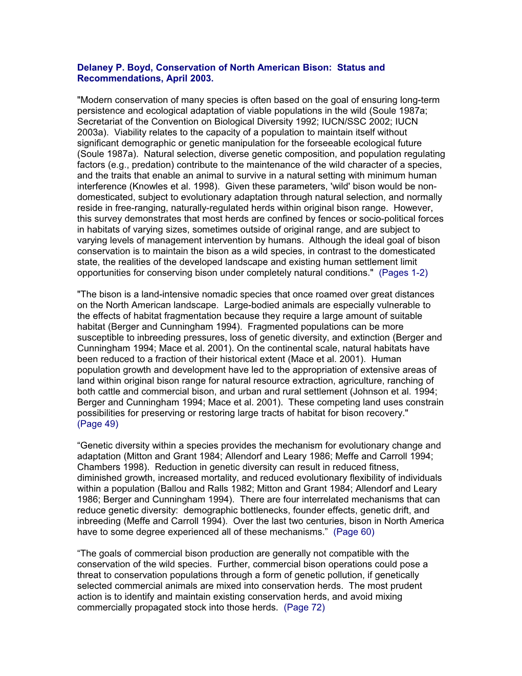 Delaney P. Boyd, Conservation of North American Bison: Status and Recommendations, April 2003