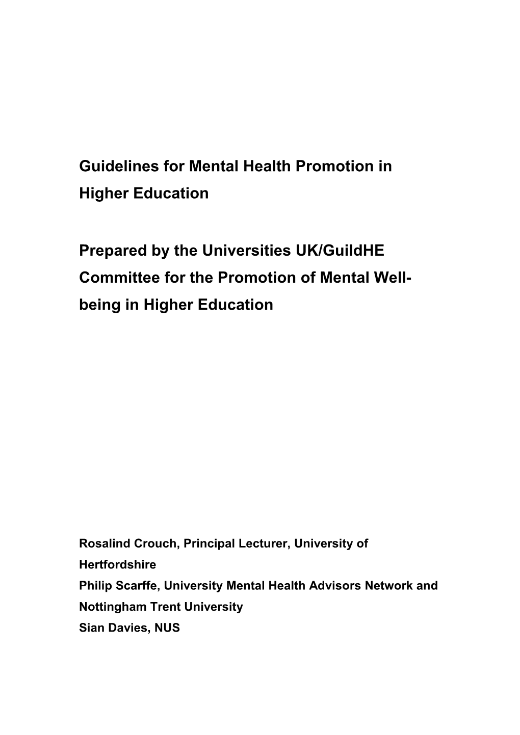 Final Guidelines for Mental Health Promotion in Higher Education