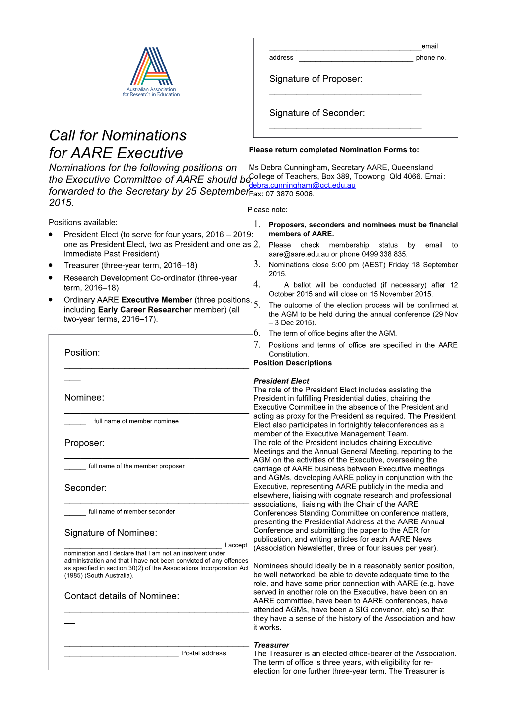 Call for Nominations for AARE Executive 2007