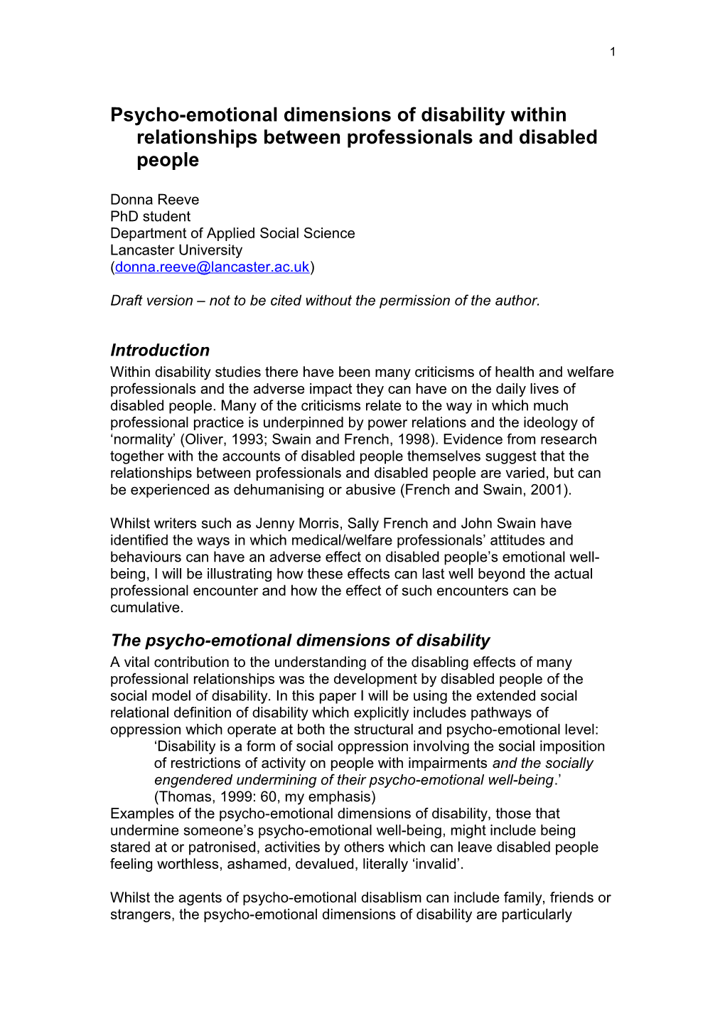 Psycho-Emotional Dimensions of Disability Within Relationships Between Professionals And