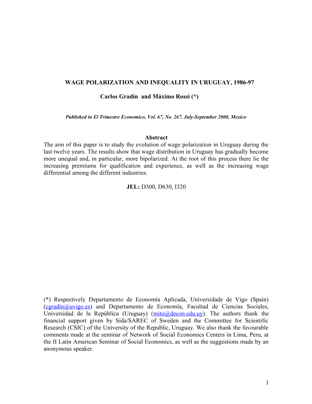 Wage Polarization and Inequality in Uruguay, 1986-97