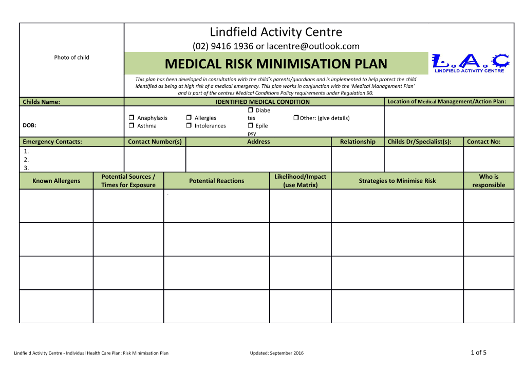 Lindfield Activity Centre - Individual Health Care Plan: Risk Minimisation Planupdated