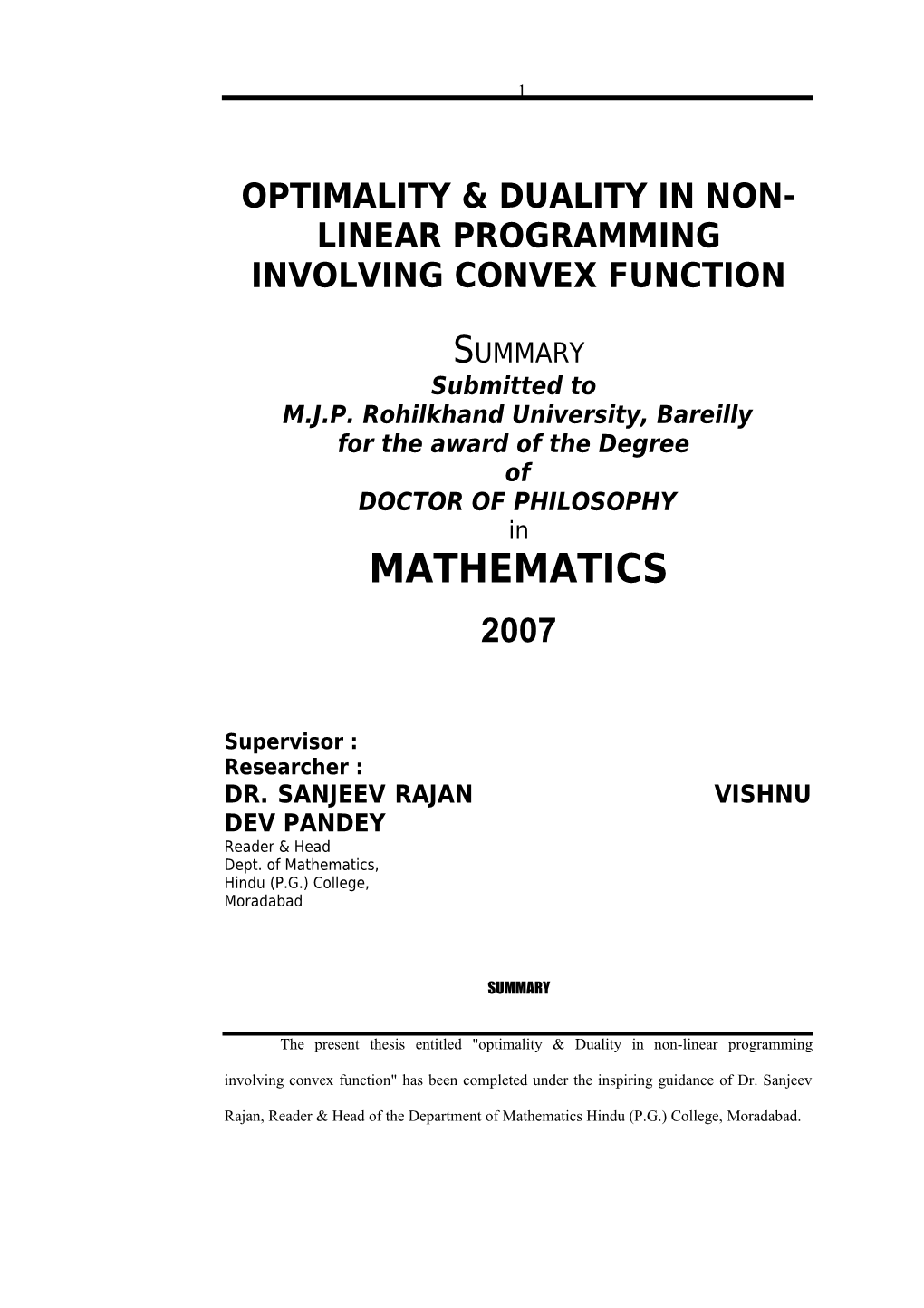 Optimality & Duality in Non-Linear Programming Involving Convex Function