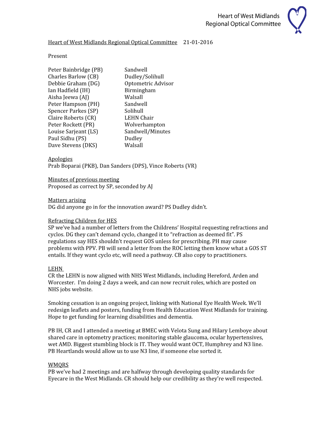 Heart of West Midlands Regional Optical Committee21-01-2016