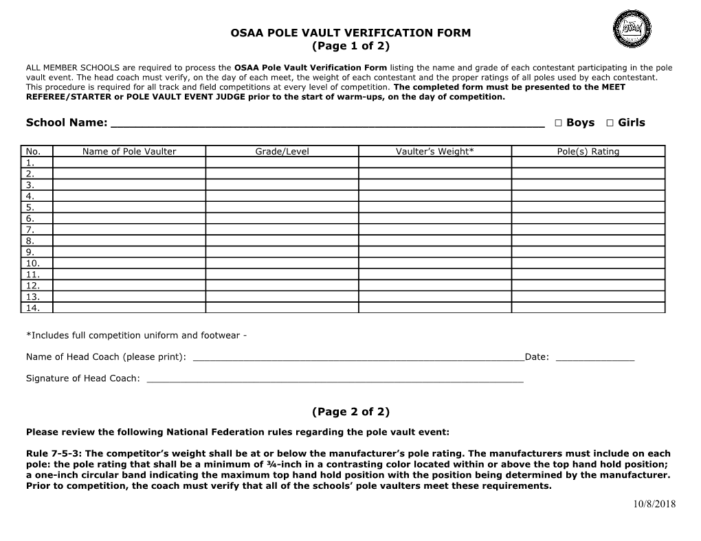 Osaa Pole Vault Verification Form