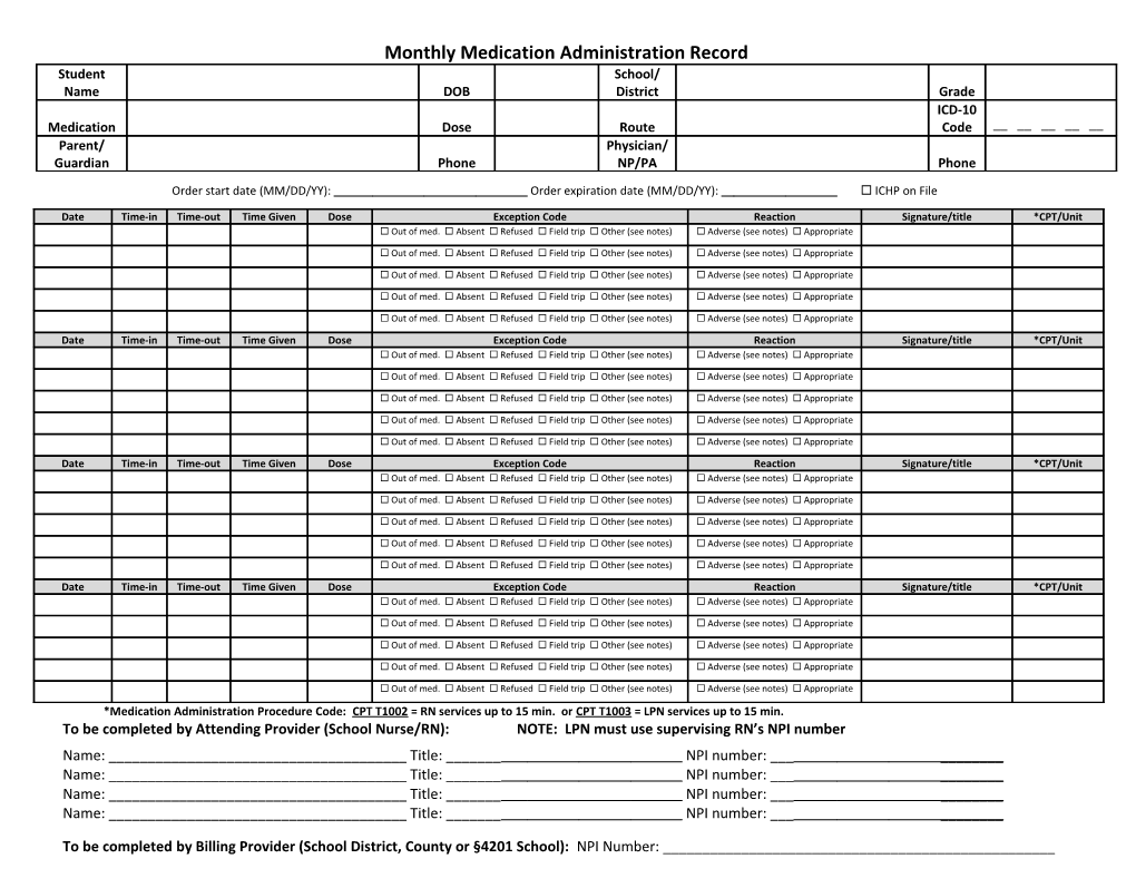 Monthly Medication Administration Record