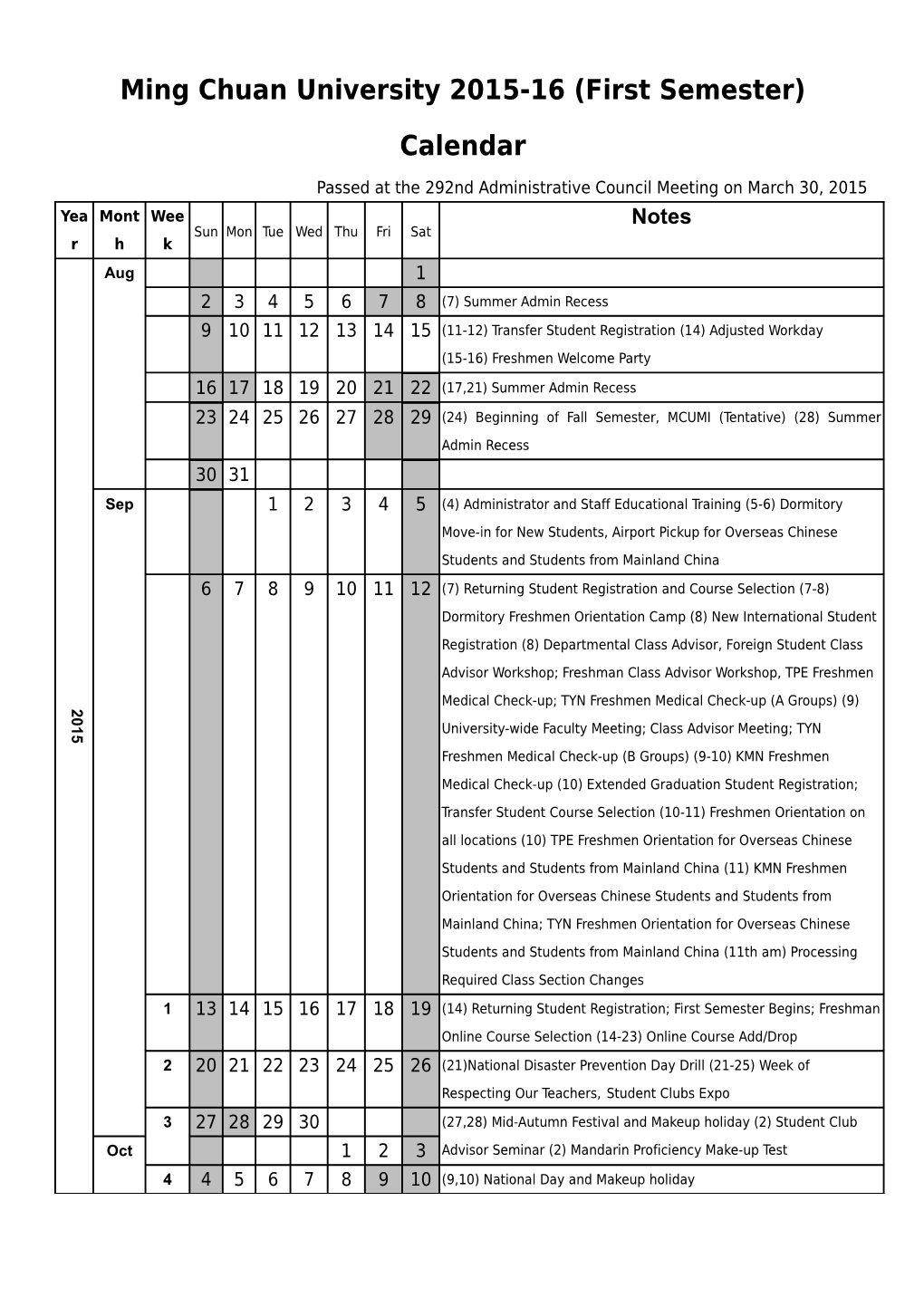 Ming Chuan University 2015-16 (First Semester) Calendar