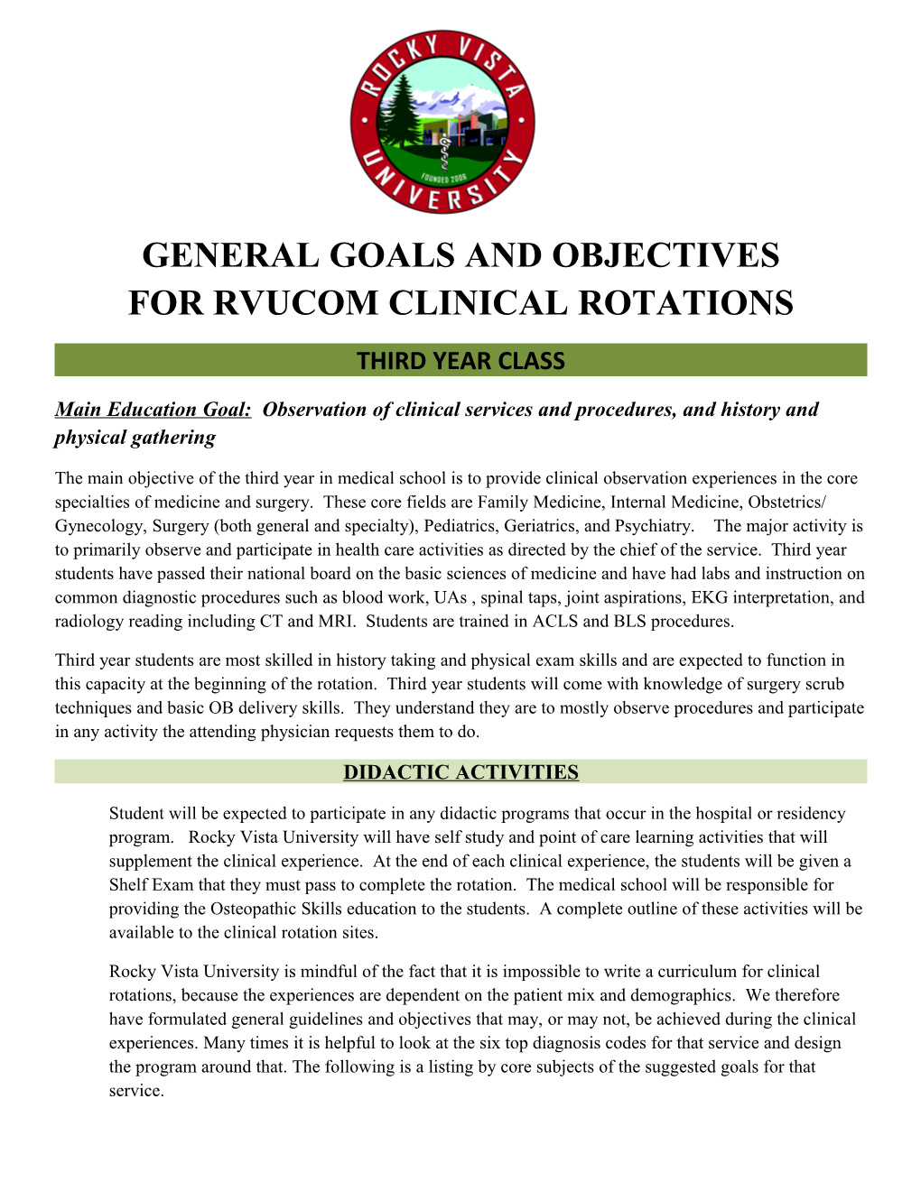 Generalgoals and Objectives for Rvucom Clinical Rotations