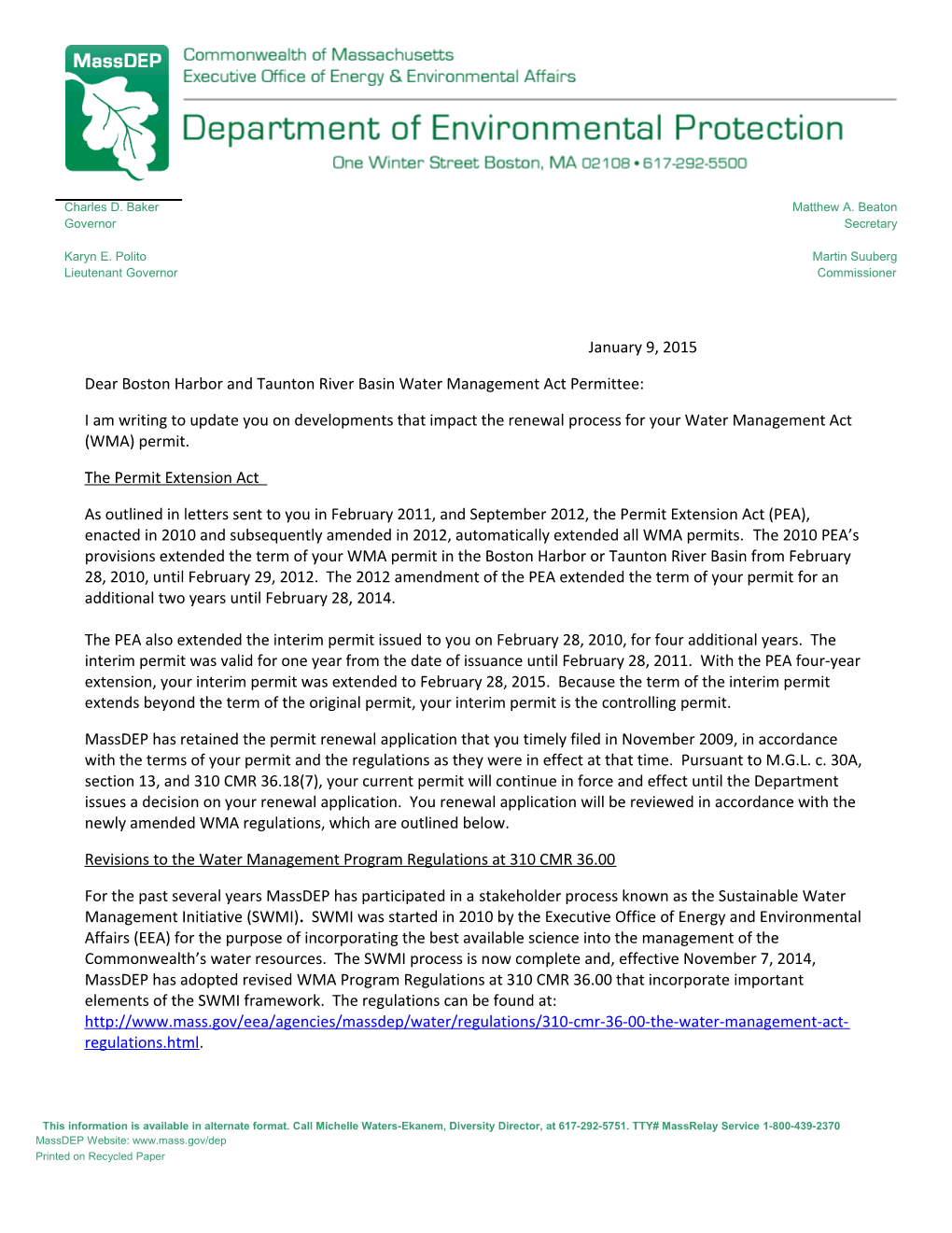 Dear Boston Harbor and Taunton River Basin Water Management Act Permittee