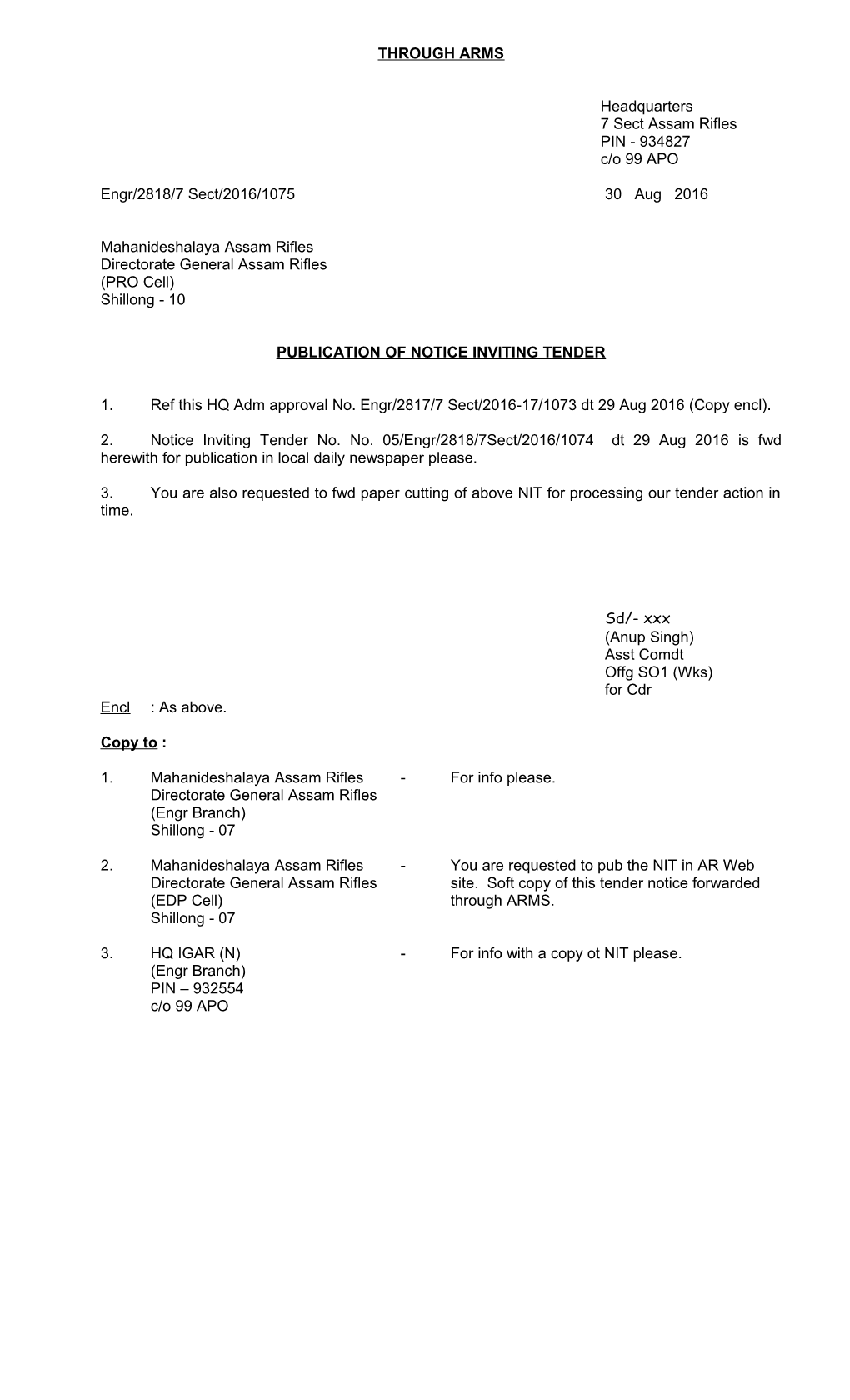 Publication of Notice Inviting Tender