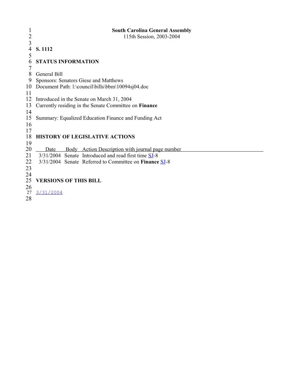 2003-2004 Bill 1112: Equalized Education Finance and Funding Act - South Carolina Legislature