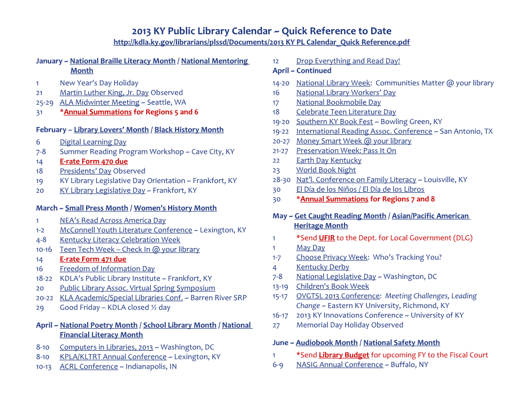 2013 KY Public Library Calendar Quick Reference to Date