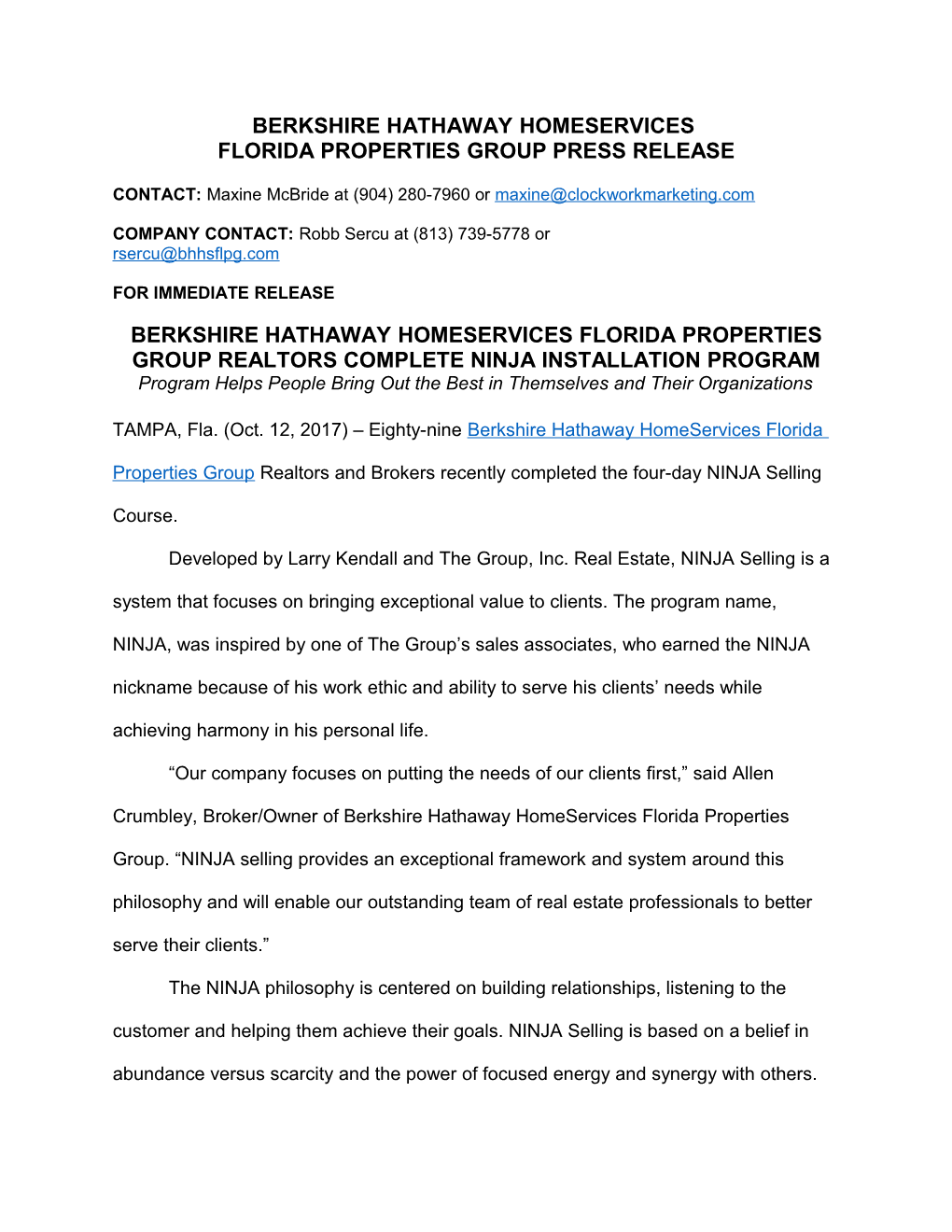 Florida Properties Group Press Release