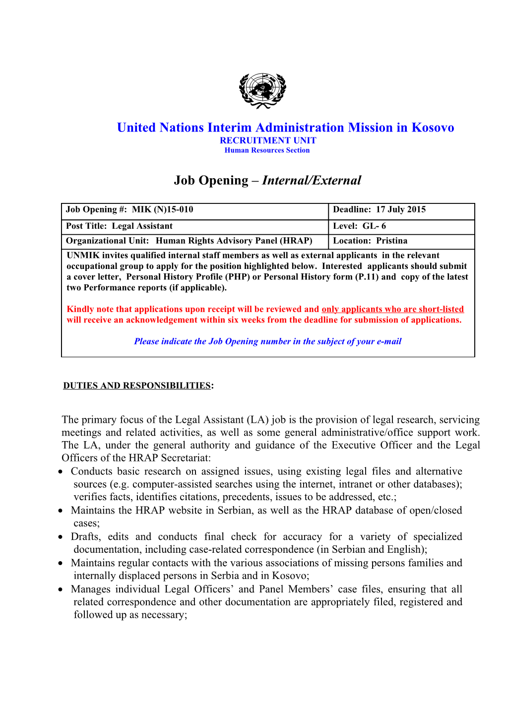 Legal Assistant, GL-6 Level in the Human Rights Advisory Panel (HRAP)