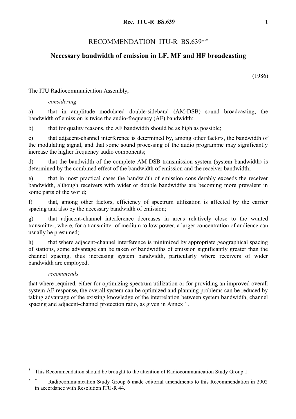 RECOMMENDATION ITU-R BS.639 - Necessary Bandwidth of Emission in LF, MF and HF Broadcasting