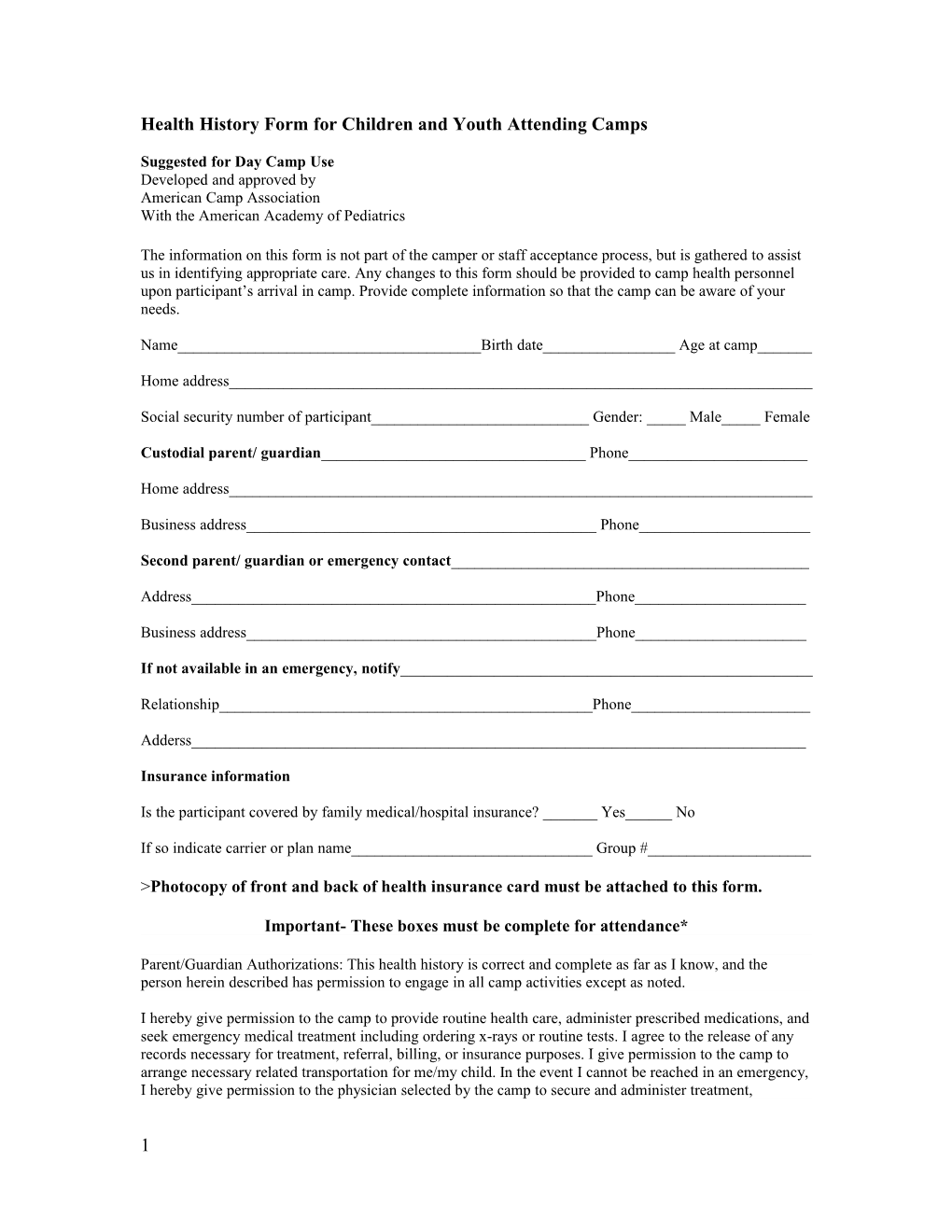 Health History Form for Children and Youth Attending Camps