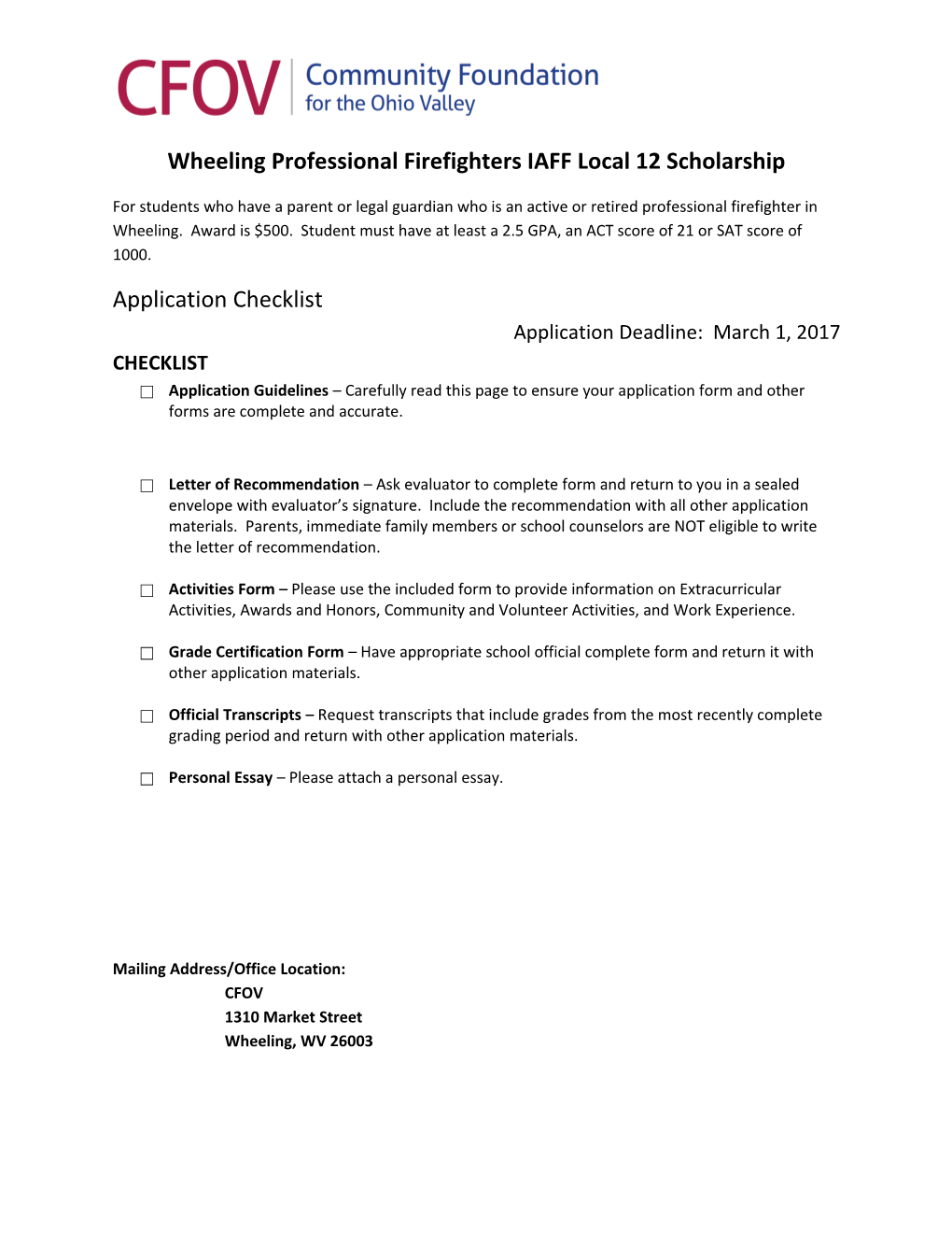 Wheeling Professional Firefighters IAFF Local 12 Scholarship