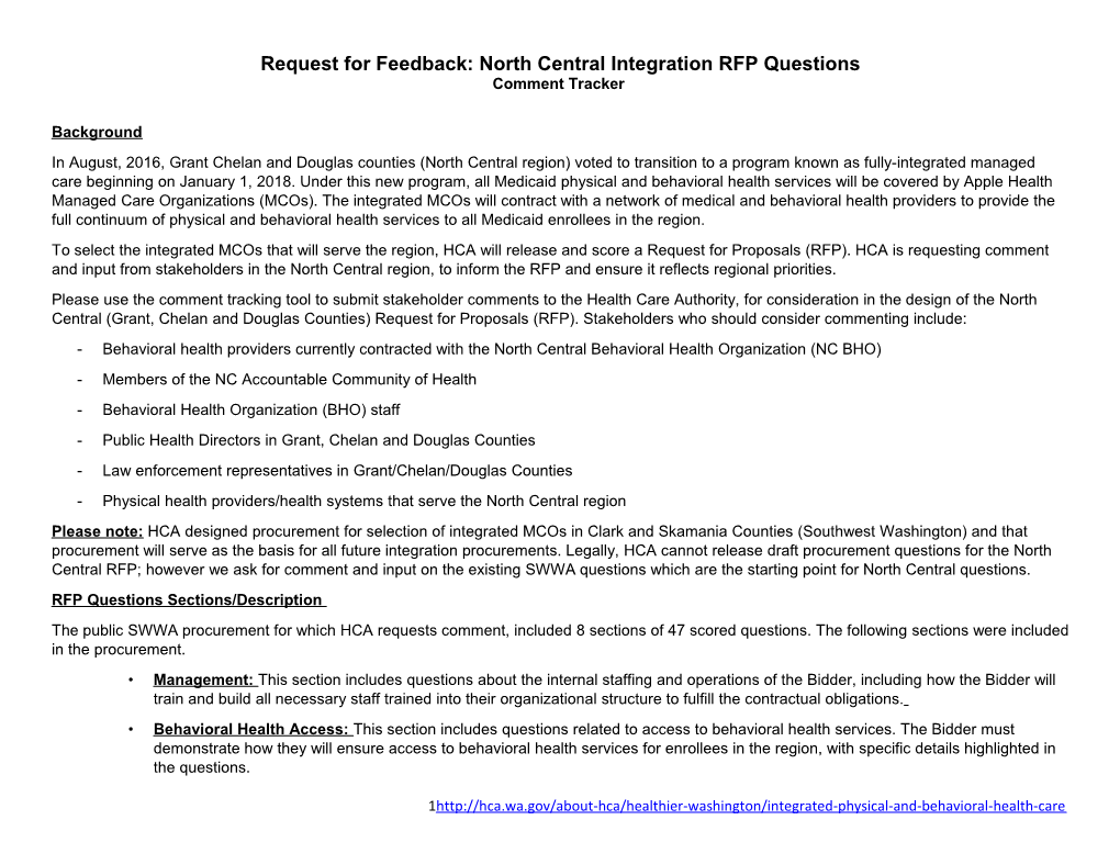 Request for Feedback: North Central Integration RFP Questions