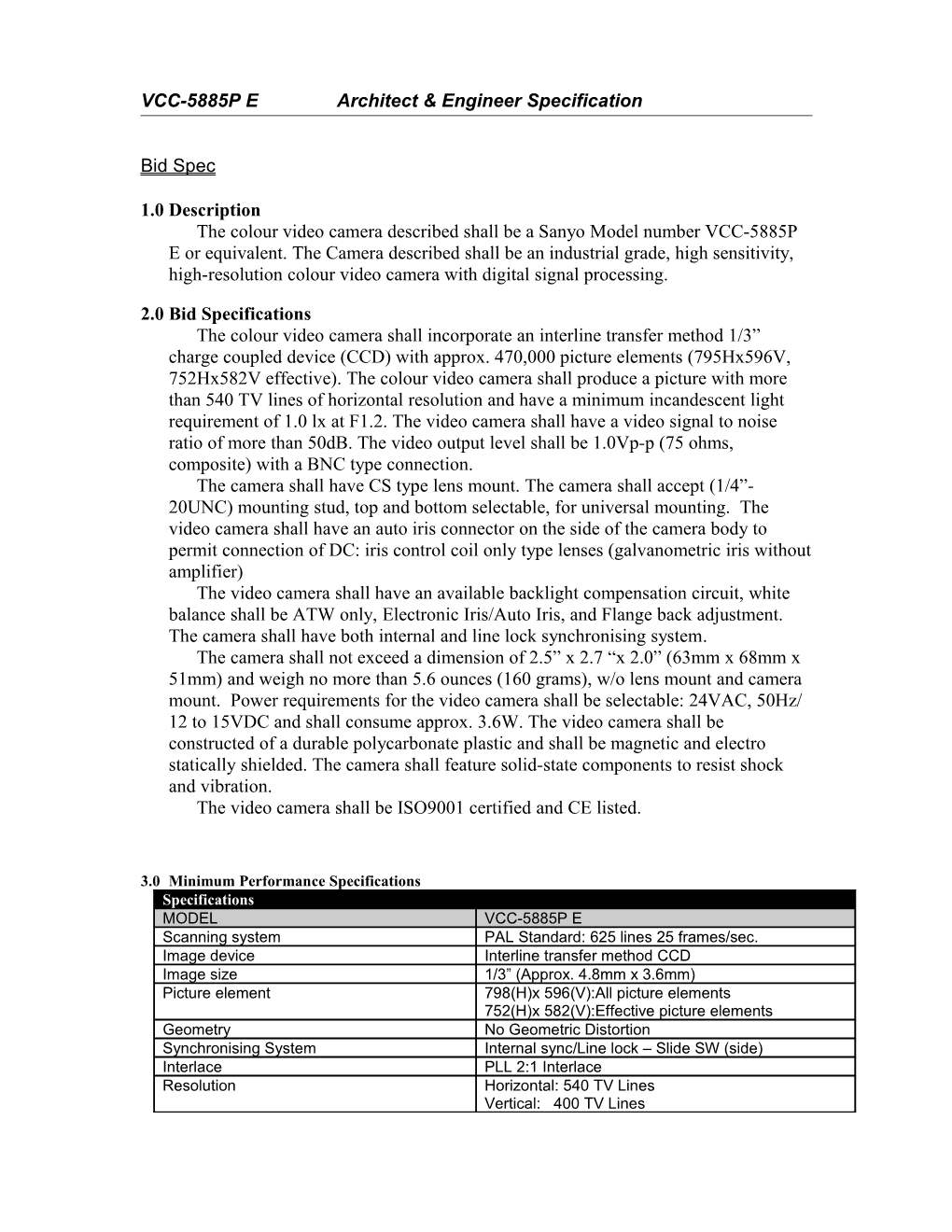 VCC-5885P Earchitect & Engineer Specification