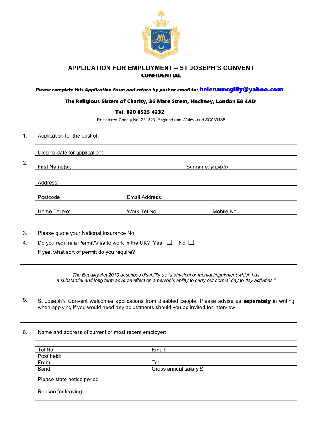 Application for Employment St Joseph S Convent