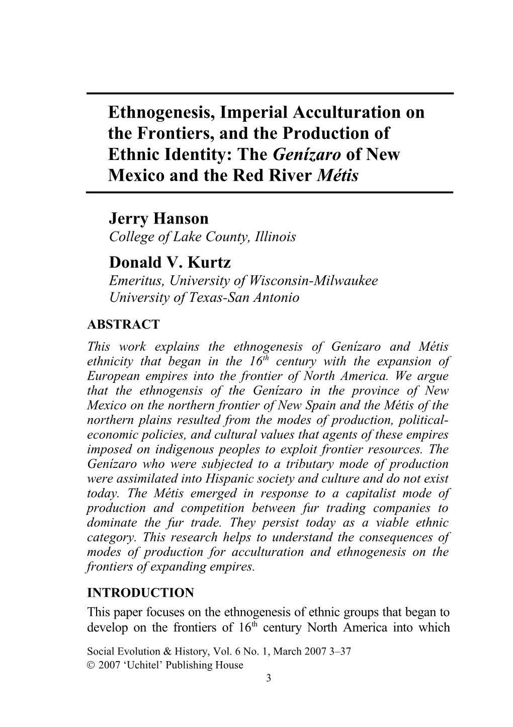 Colonial Acculturation on the Frontiers and the Production of Ethnic Identity