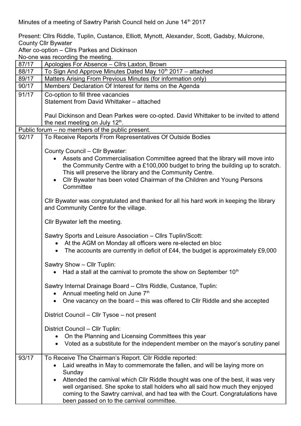 Minutes of a Meeting of Sawtry Parish Council Held on June 14Th 2017