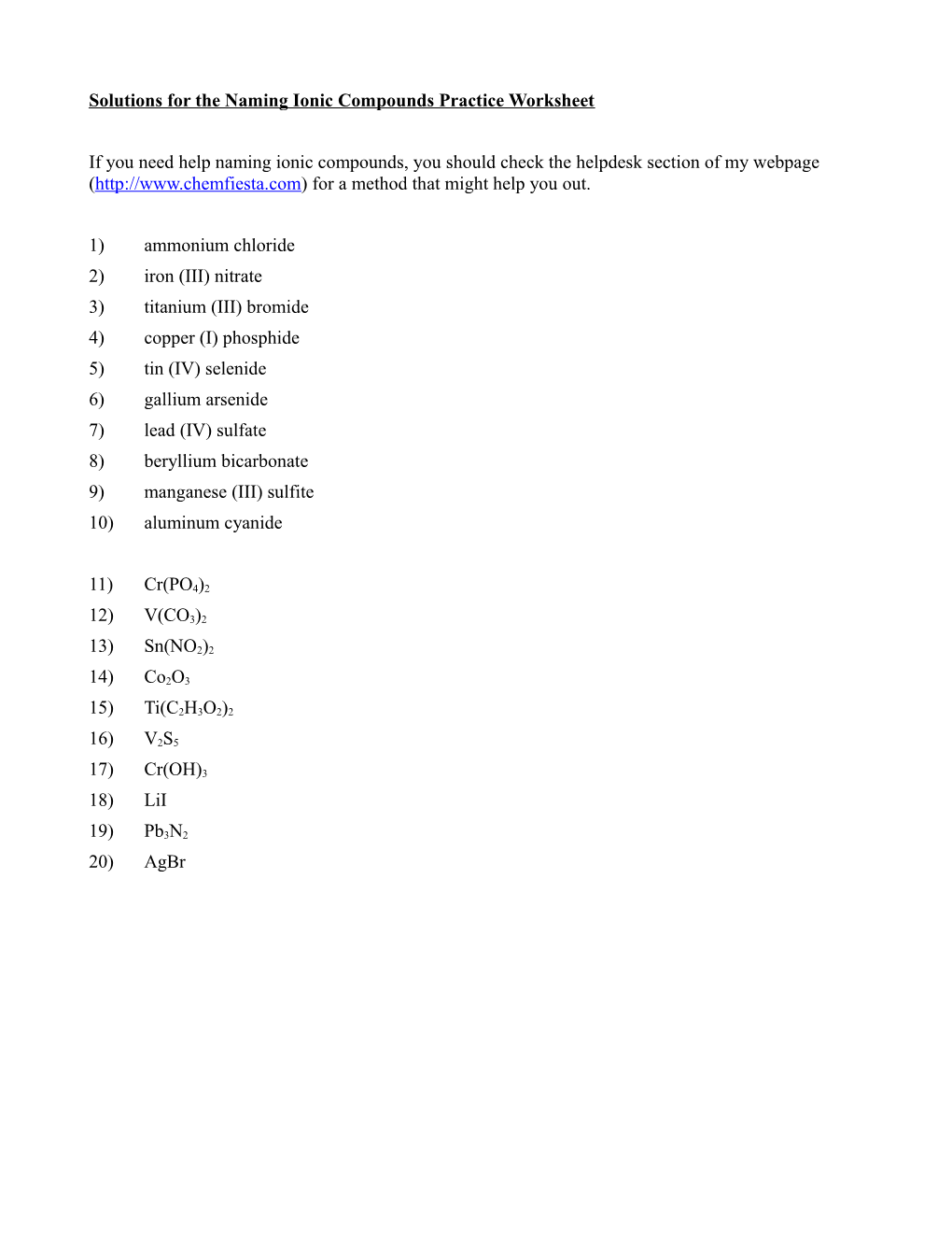 Solutions for the Naming Ionic Compounds Practice Worksheet