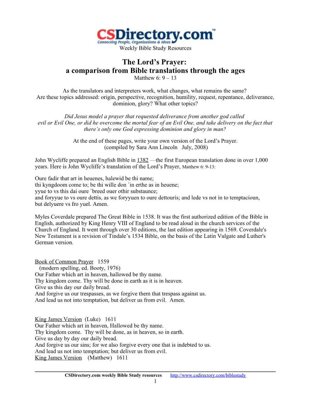 The Lord S Prayer: a Comparison from Bible Translations Through the Ages