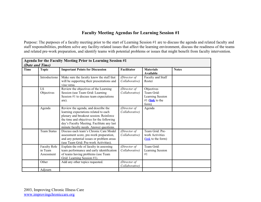 Faculty Meeting Prior to Learning Session I