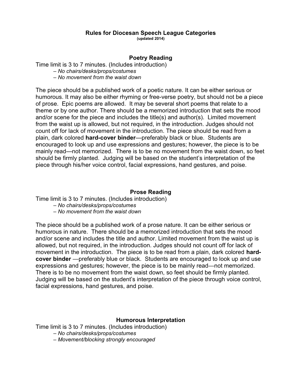 Rules for Diocesan Speech League Categories