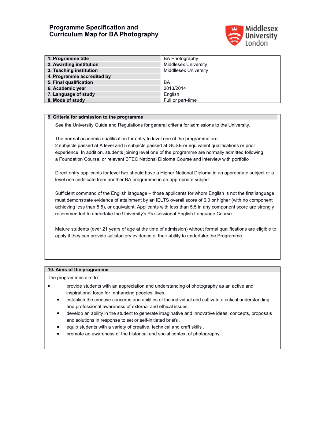 Curriculum Mapfor BA Photography