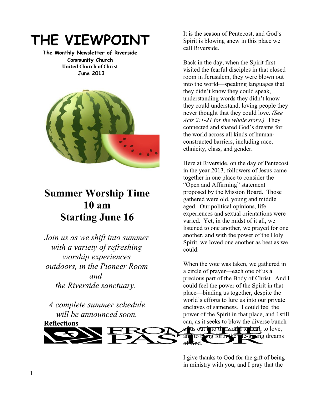 The Monthly Newsletter of Riverside Community Church