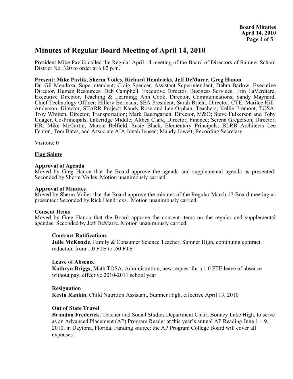 Minutes of Regular Board Meeting of April 14, 2010