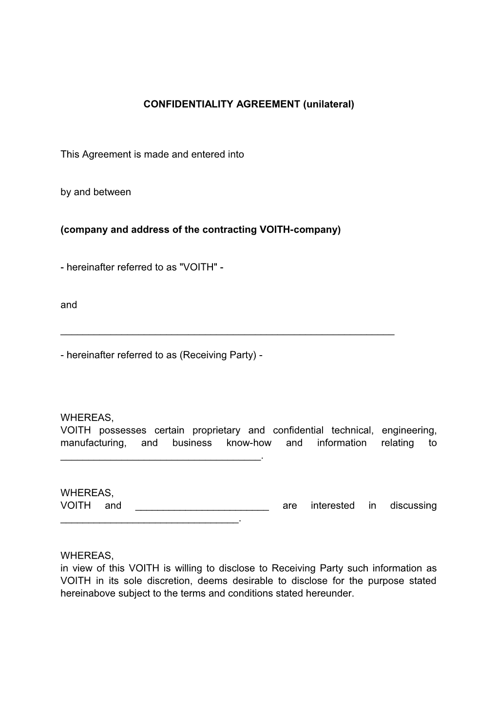 CONFIDENTIALITY AGREEMENT (Unilateral)