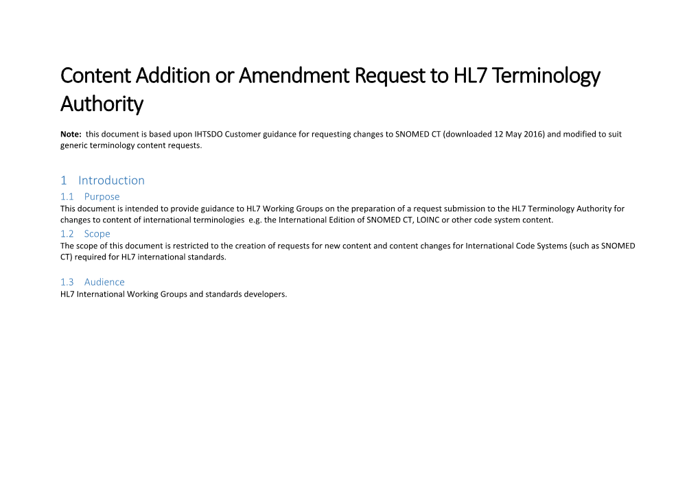 Content Addition Or Amendment Request to HL7 Terminology Authority