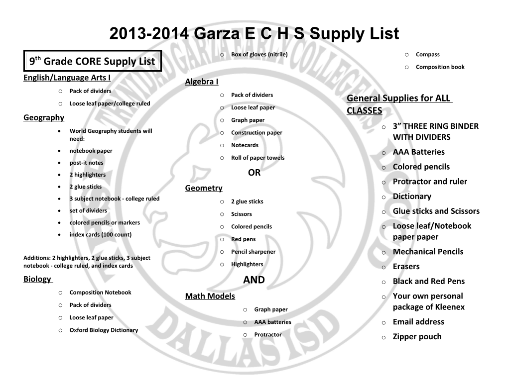 9Th Grade Supply List