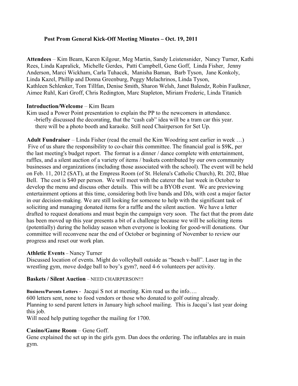 Post Prom Steering Committee Minutes September 22, 2011